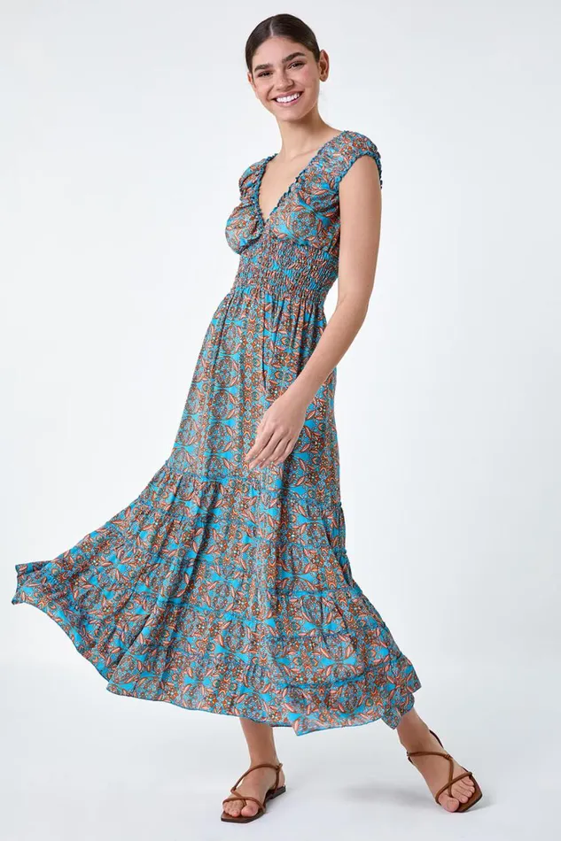 Blue Paisley Print Shirred Frill Maxi Dress Women Roman Dresses