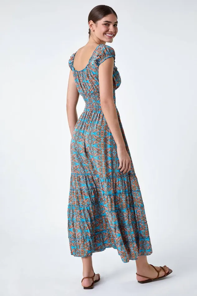 Blue Paisley Print Shirred Frill Maxi Dress Women Roman Dresses