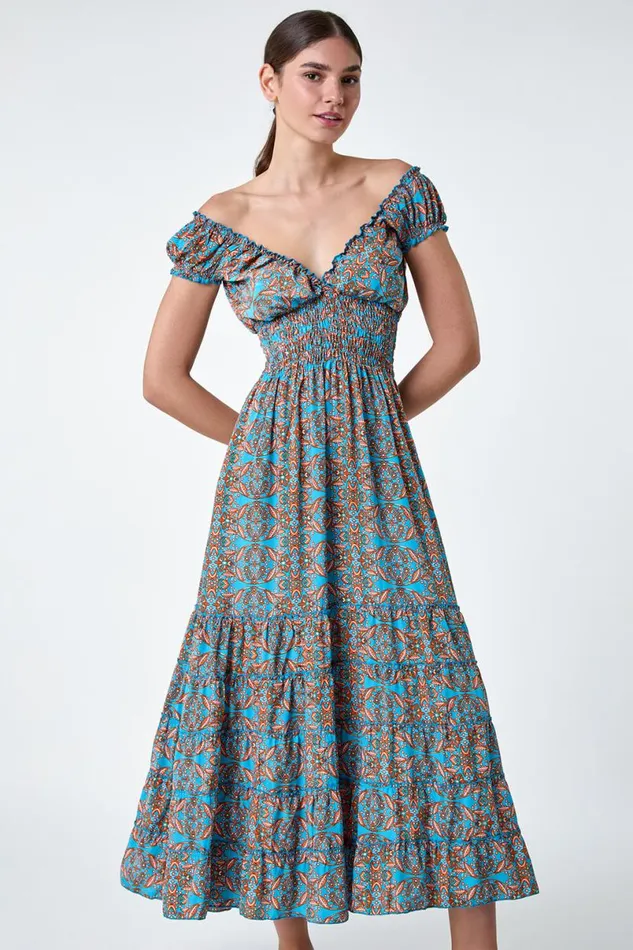 Blue Paisley Print Shirred Frill Maxi Dress Women Roman Dresses