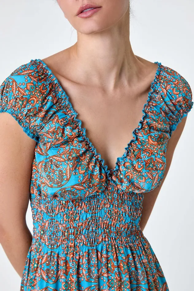 Blue Paisley Print Shirred Frill Maxi Dress Women Roman Dresses