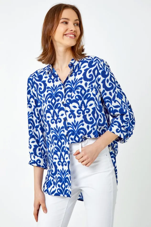 Blue Paisley Tile Print Longline Shirt Women Roman Tops