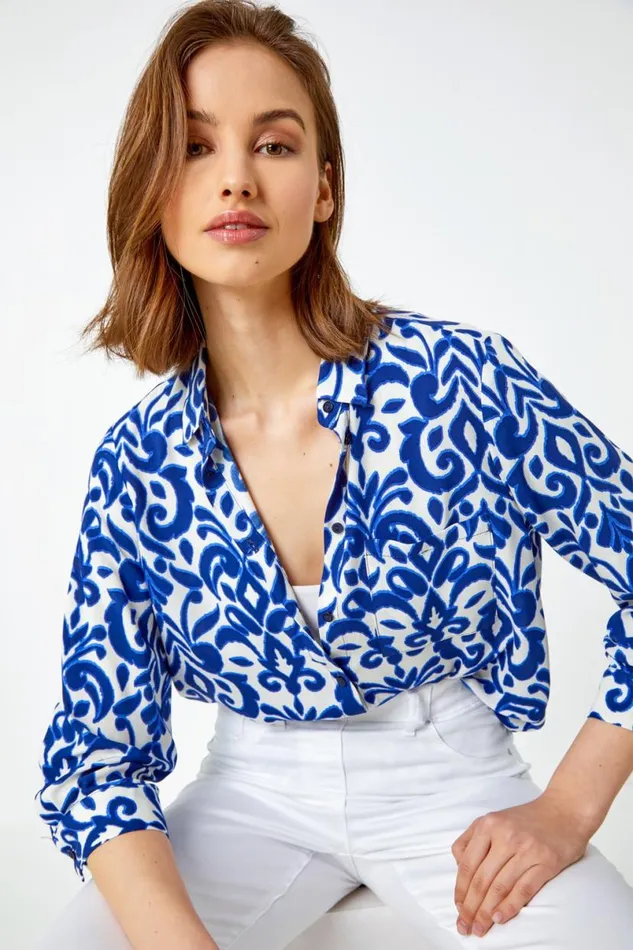 Blue Paisley Tile Print Longline Shirt Women Roman Tops