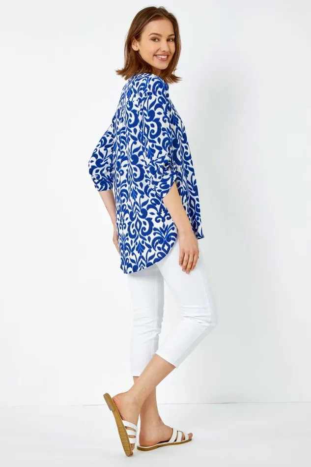 Blue Paisley Tile Print Longline Shirt Women Roman Tops