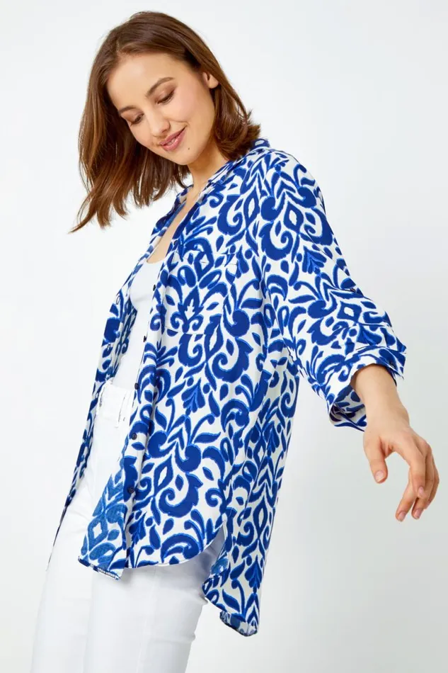 Blue Paisley Tile Print Longline Shirt Women Roman Tops