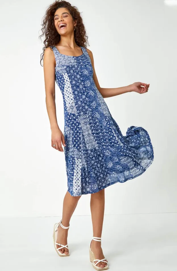 Blue Patchwork Print Fit And Flare Dress Women Roman Dresses