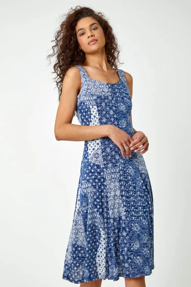 Blue Patchwork Print Fit And Flare Dress Women Roman Dresses