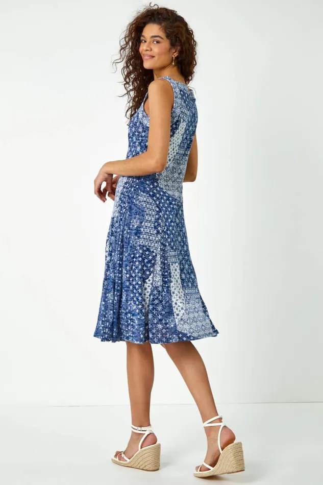 Blue Patchwork Print Fit And Flare Dress Women Roman Dresses