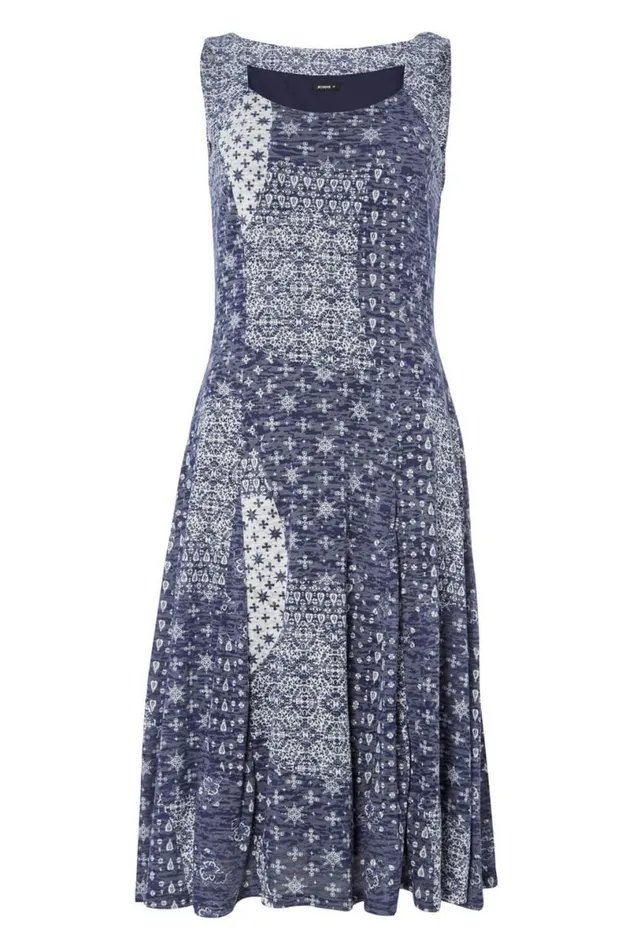 Blue Patchwork Print Fit And Flare Dress Women Roman Dresses