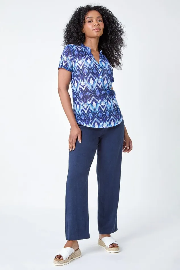 Blue Petite Aztec Print Button Detail VNeck Top Women Roman Tops
