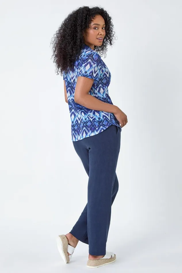 Blue Petite Aztec Print Button Detail VNeck Top Women Roman Tops
