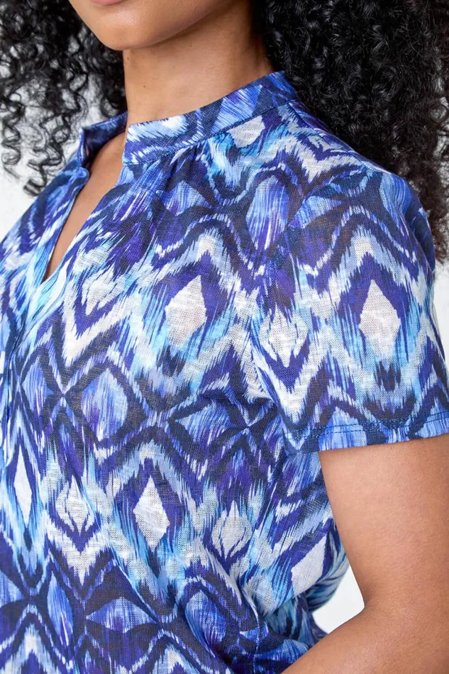 Blue Petite Aztec Print Button Detail VNeck Top Women Roman Tops