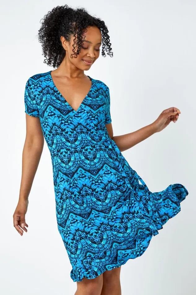 Blue Petite Aztec Tie Detail Wrap Dress Women Roman Dresses