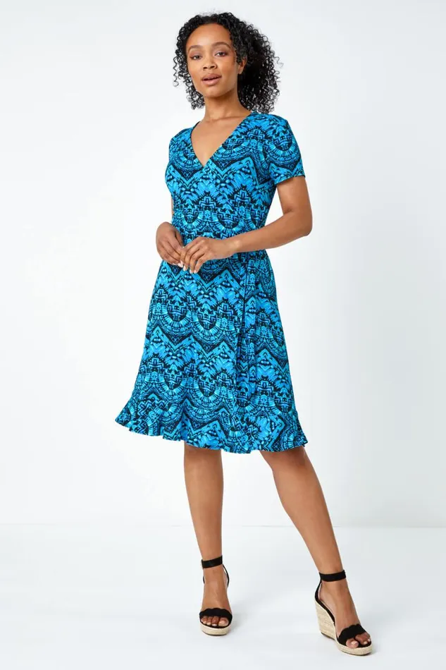 Blue Petite Aztec Tie Detail Wrap Dress Women Roman Dresses