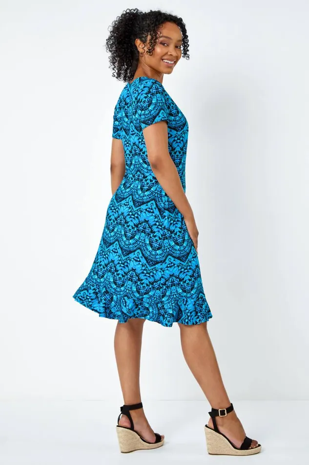 Blue Petite Aztec Tie Detail Wrap Dress Women Roman Dresses