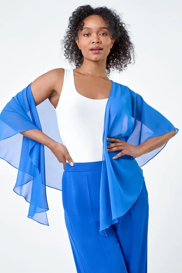 Blue Petite Chiffon Drape Cover Up Women Roman Tops