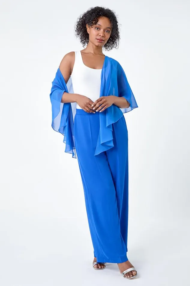 Blue Petite Chiffon Drape Cover Up Women Roman Tops