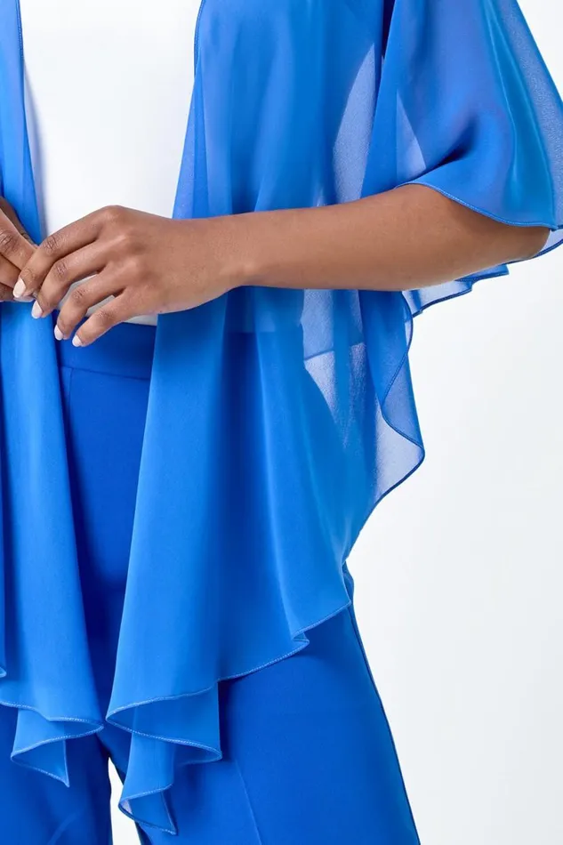 Blue Petite Chiffon Drape Cover Up Women Roman Tops