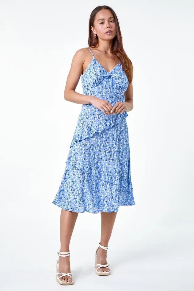 Blue Petite Ditsy Floral Frill Midi Dress Women Roman Dresses