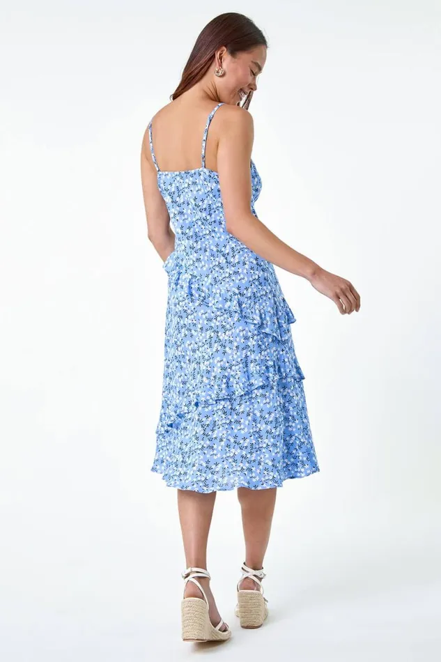 Blue Petite Ditsy Floral Frill Midi Dress Women Roman Dresses