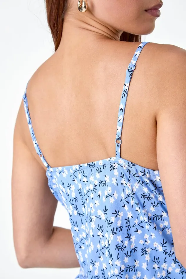 Blue Petite Ditsy Floral Frill Midi Dress Women Roman Dresses
