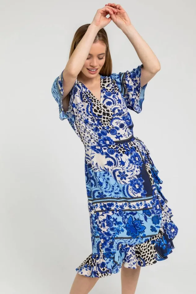 Blue Petite Floral Contrast Print Wrap Dress Women Roman Dresses
