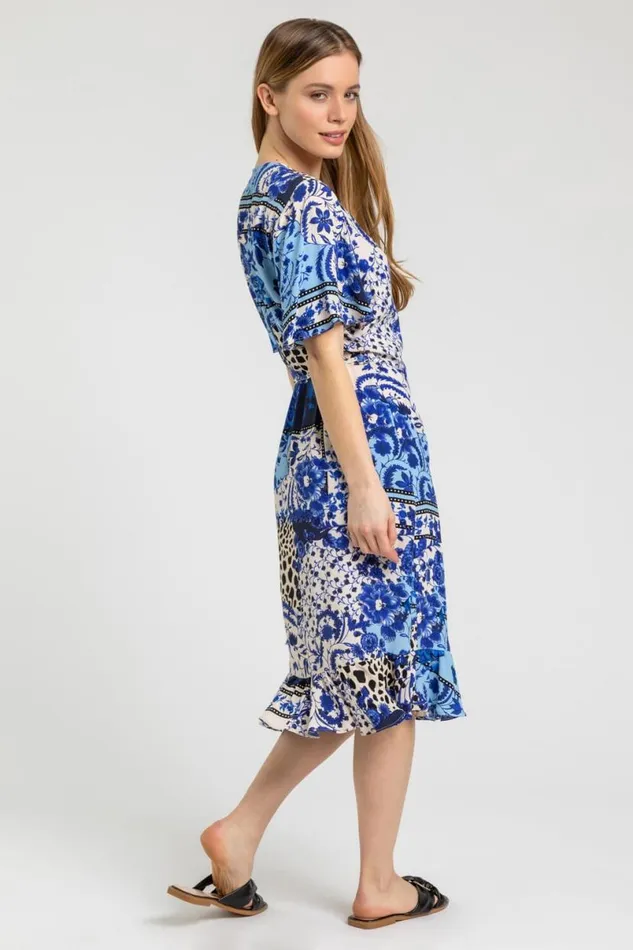 Blue Petite Floral Contrast Print Wrap Dress Women Roman Dresses