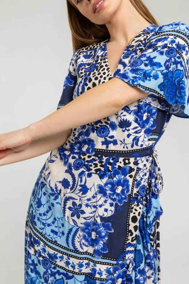 Blue Petite Floral Contrast Print Wrap Dress Women Roman Dresses