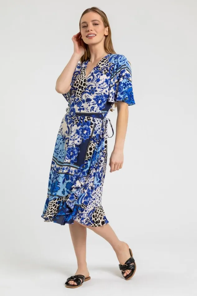 Blue Petite Floral Contrast Print Wrap Dress Women Roman Dresses