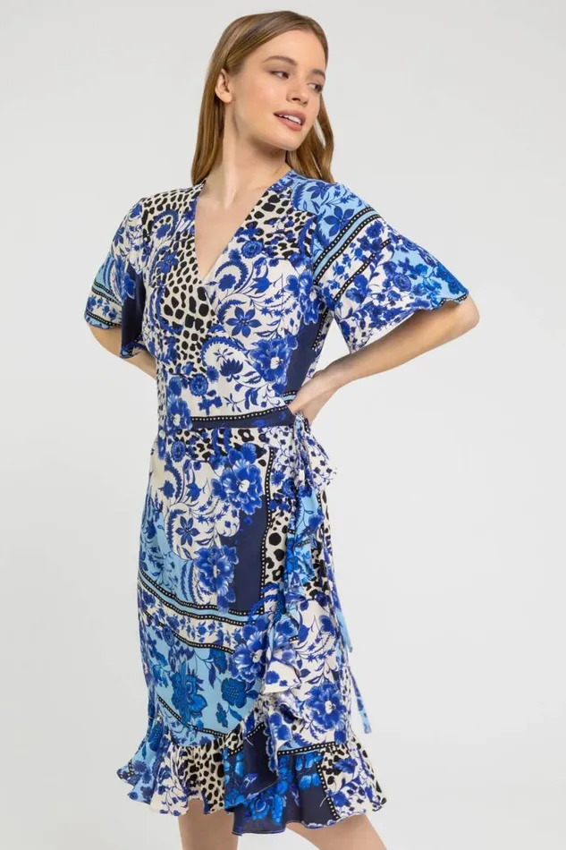 Blue Petite Floral Contrast Print Wrap Dress Women Roman Dresses