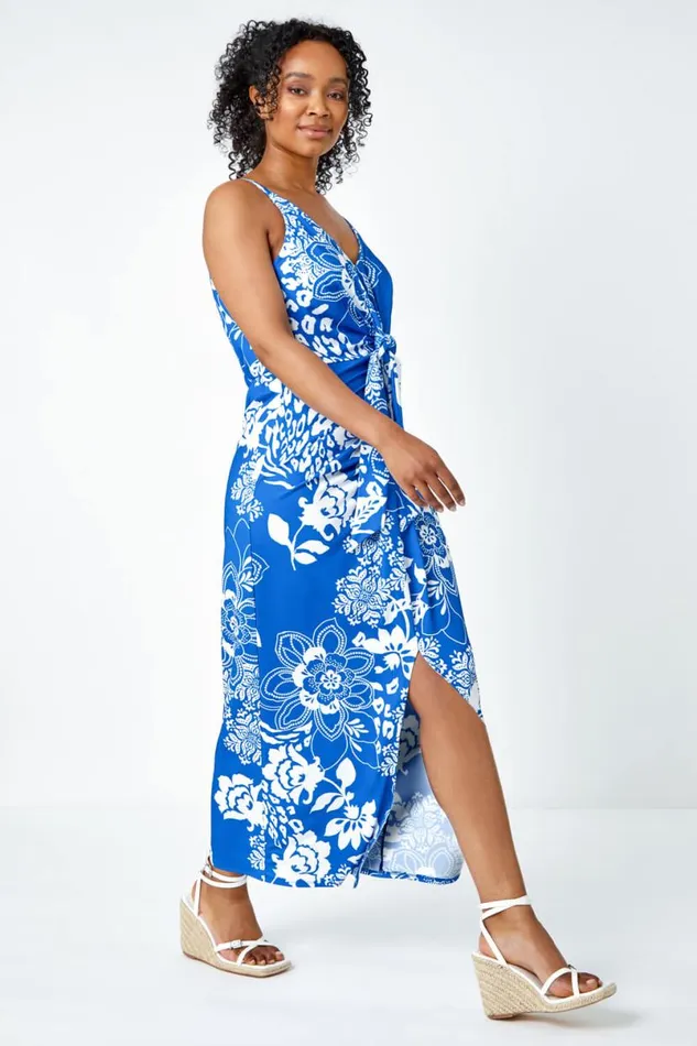 Blue Petite Floral Knot Stretch Maxi Dress Women Roman Dresses