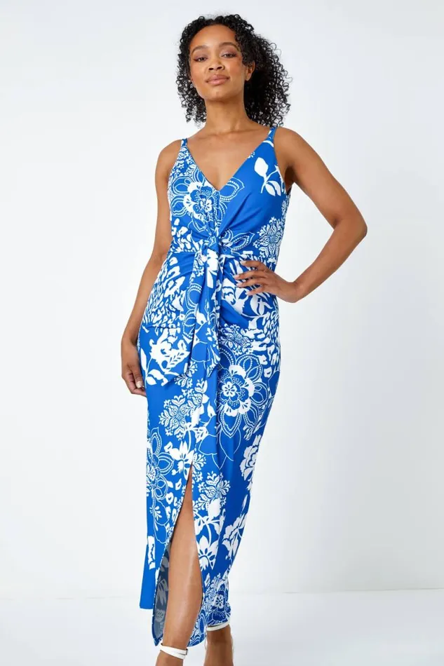 Blue Petite Floral Knot Stretch Maxi Dress Women Roman Dresses
