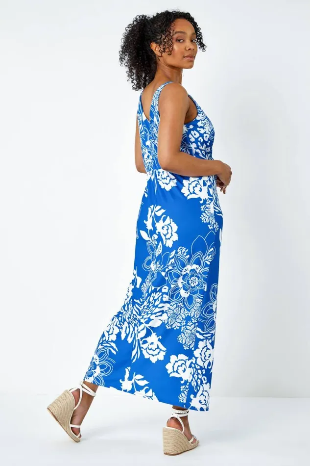 Blue Petite Floral Knot Stretch Maxi Dress Women Roman Dresses