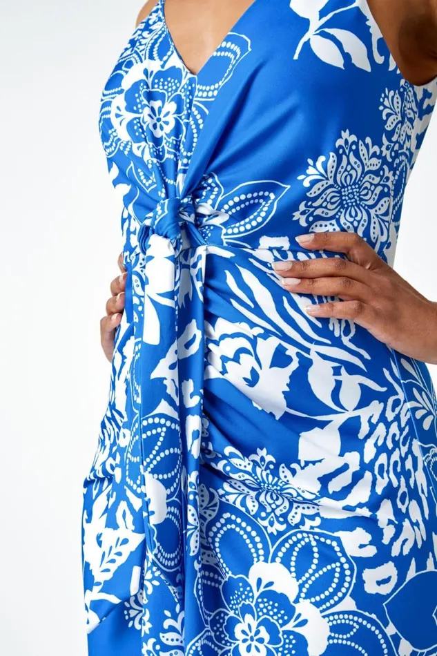 Blue Petite Floral Knot Stretch Maxi Dress Women Roman Dresses