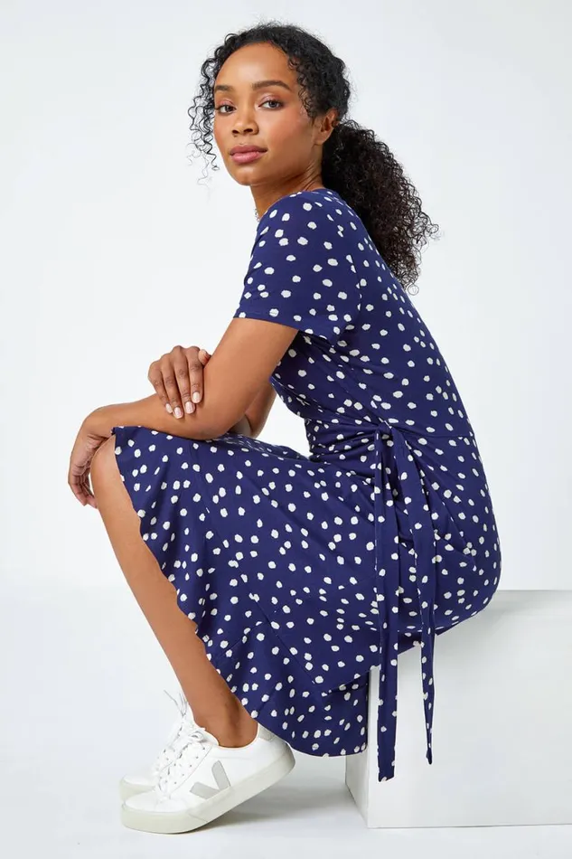 Blue Petite Floral Stretch Wrap Dress Women Roman Dresses