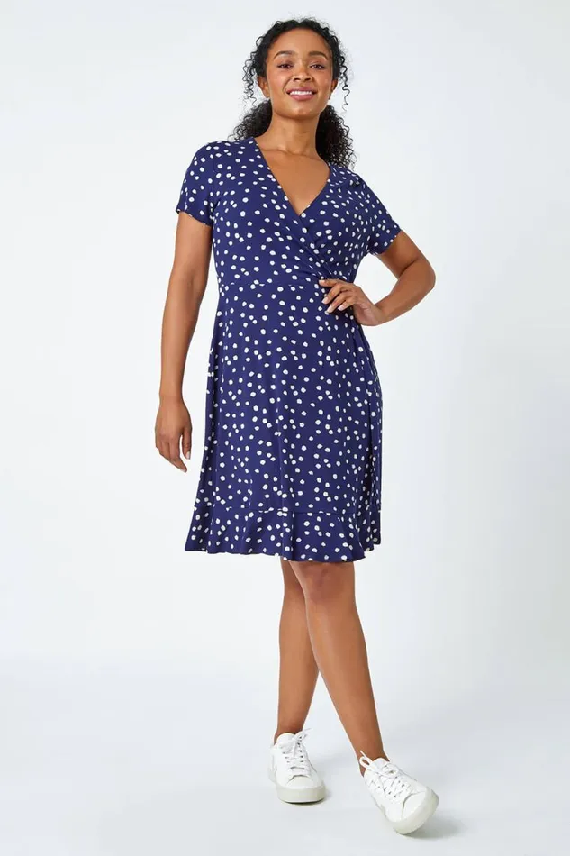 Blue Petite Floral Stretch Wrap Dress Women Roman Dresses