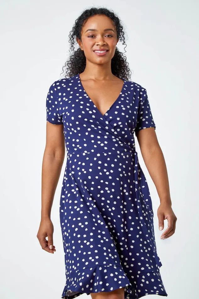 Blue Petite Floral Stretch Wrap Dress Women Roman Dresses