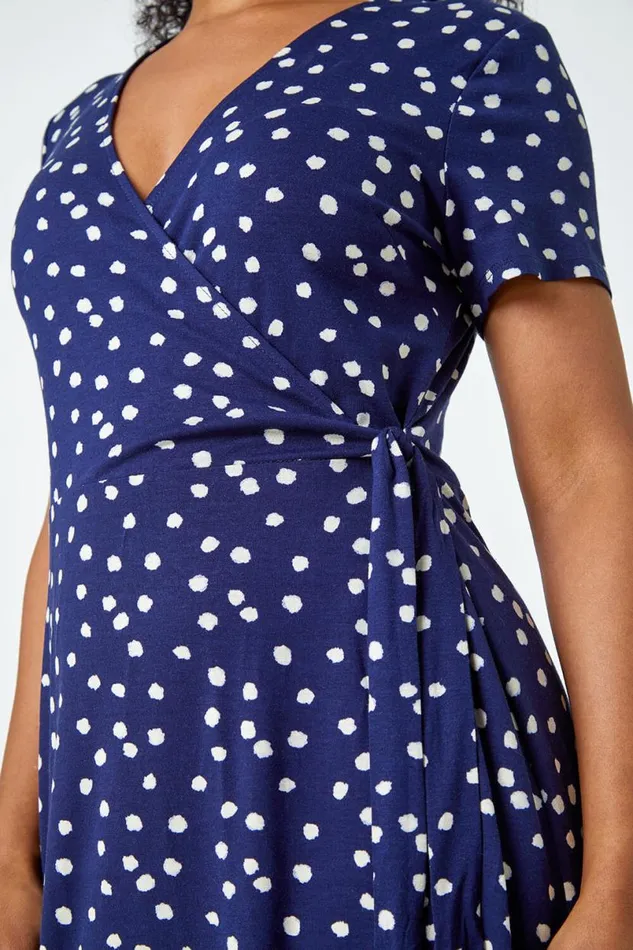 Blue Petite Floral Stretch Wrap Dress Women Roman Dresses