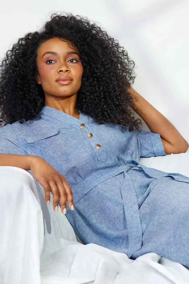 Blue Petite Linen Blend Shirt Shift Dress Women Roman Dresses