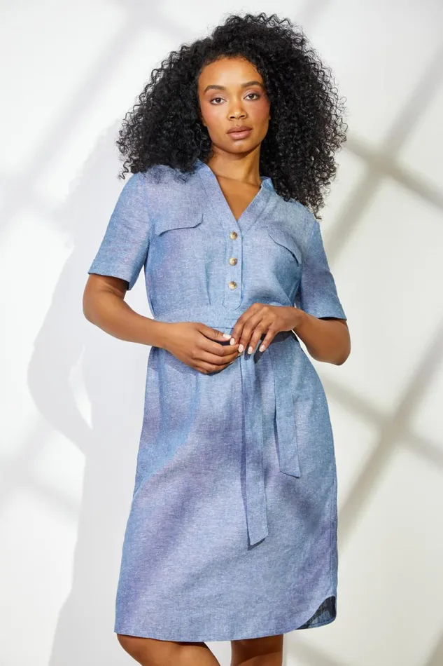Blue Petite Linen Blend Shirt Shift Dress Women Roman Dresses
