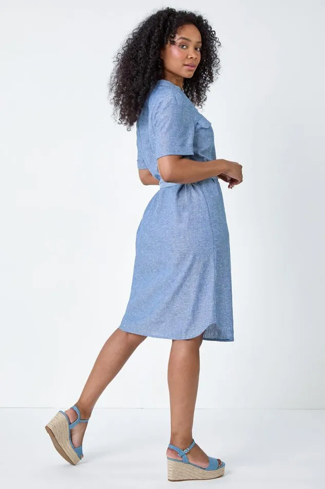 Blue Petite Linen Blend Shirt Shift Dress Women Roman Dresses