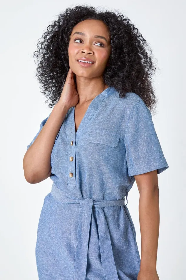Blue Petite Linen Blend Shirt Shift Dress Women Roman Dresses
