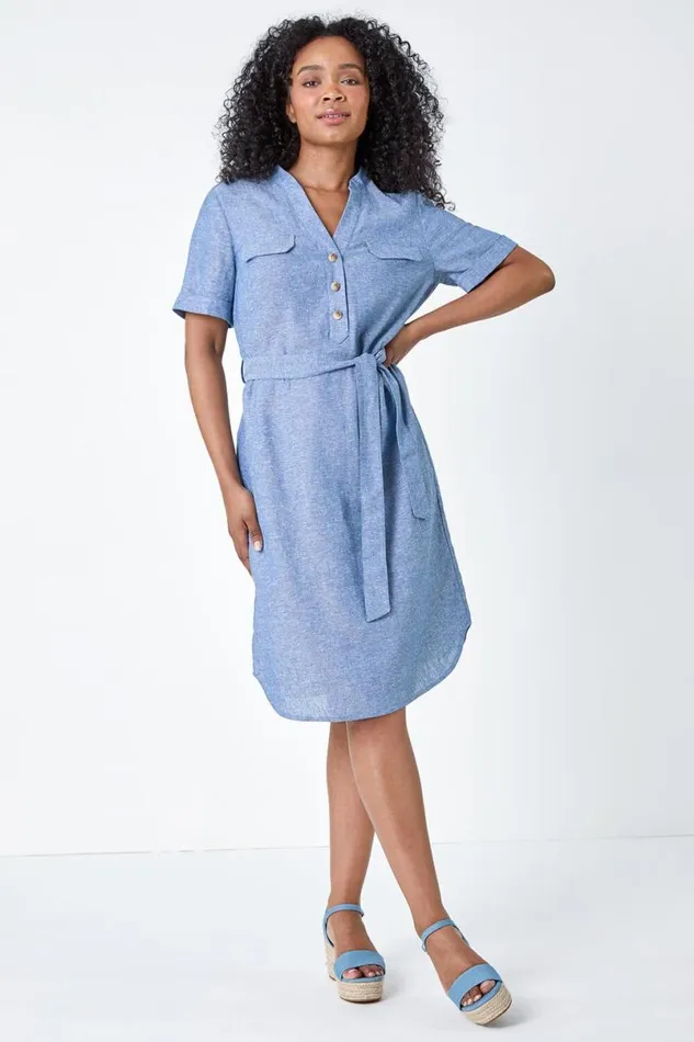 Blue Petite Linen Blend Shirt Shift Dress Women Roman Dresses