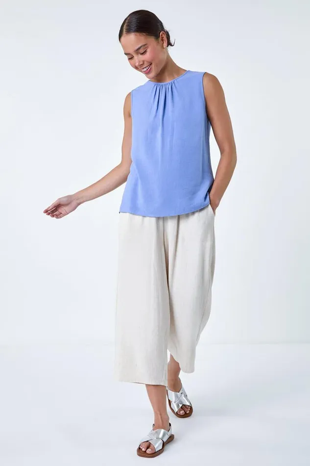 Blue Petite Plain Sleeveless Top Women Roman Tops