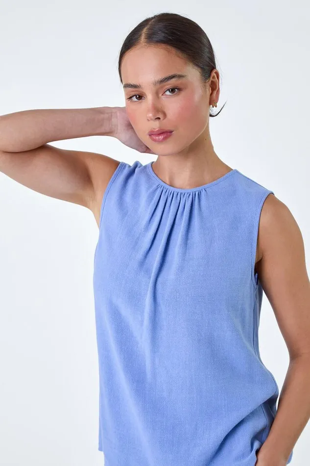 Blue Petite Plain Sleeveless Top Women Roman Tops
