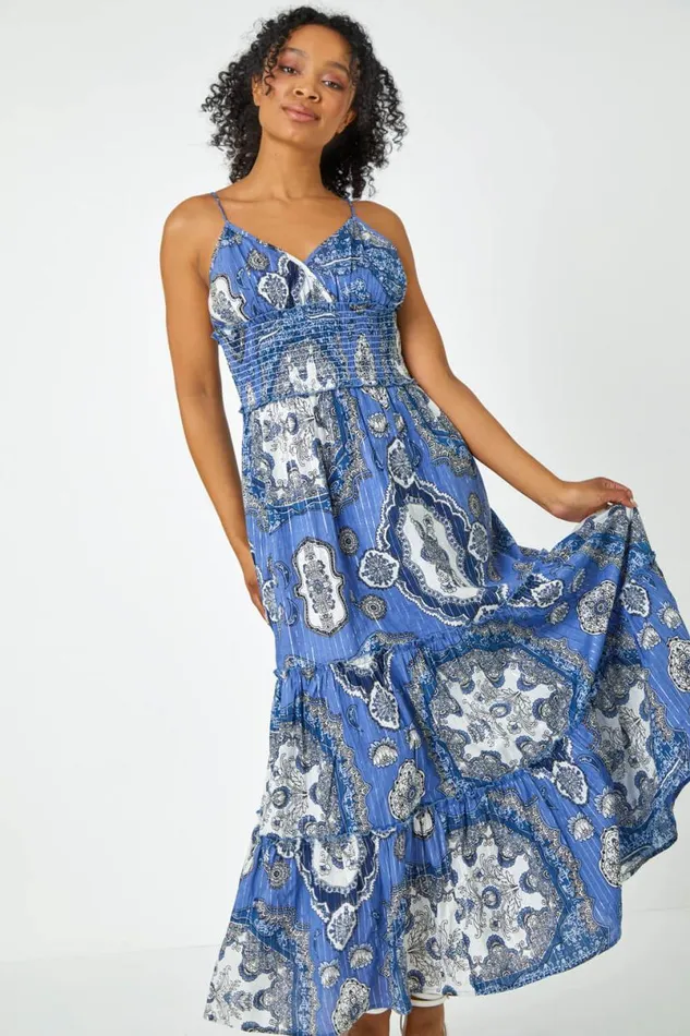 Blue Petite Shirred Waist Tiered Maxi Dress Women Roman Dresses