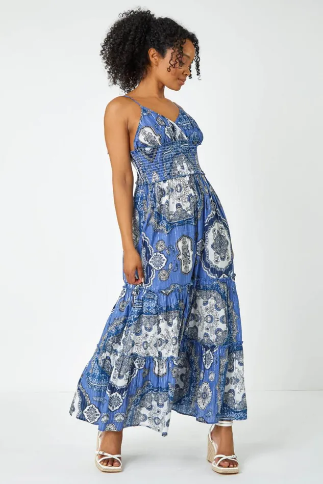 Blue Petite Shirred Waist Tiered Maxi Dress Women Roman Dresses
