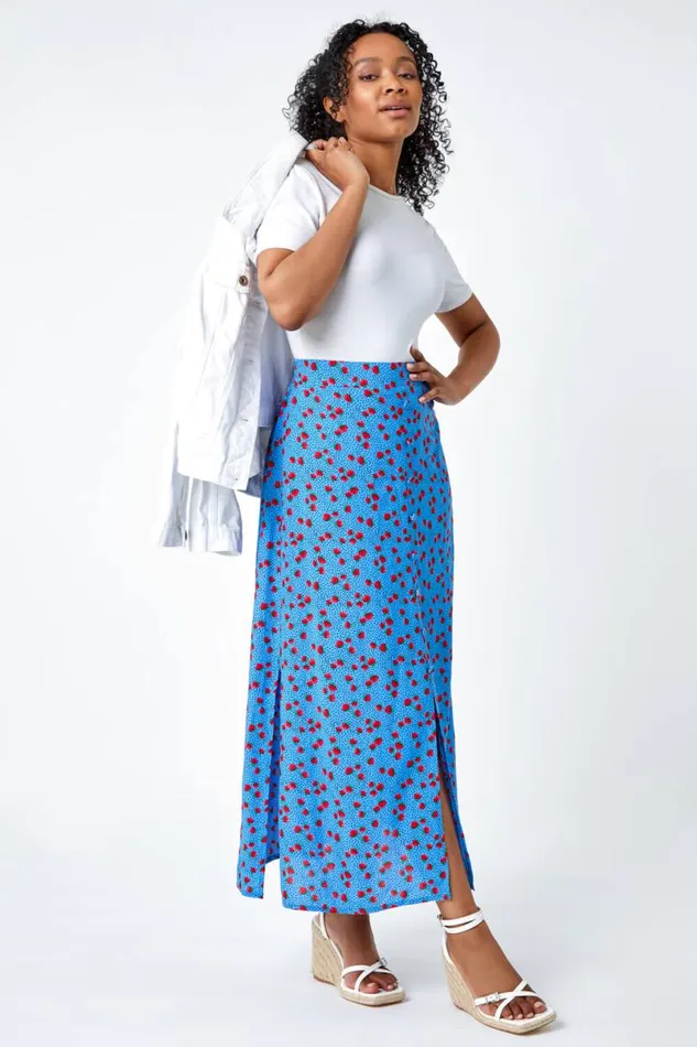 Blue Petite Strawberry Button Elastic Waist Skirt Women Roman Skirts
