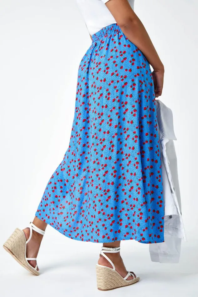 Blue Petite Strawberry Button Elastic Waist Skirt Women Roman Skirts
