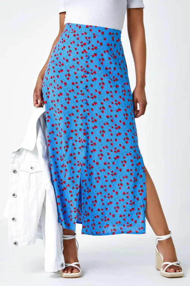 Blue Petite Strawberry Button Elastic Waist Skirt Women Roman Skirts