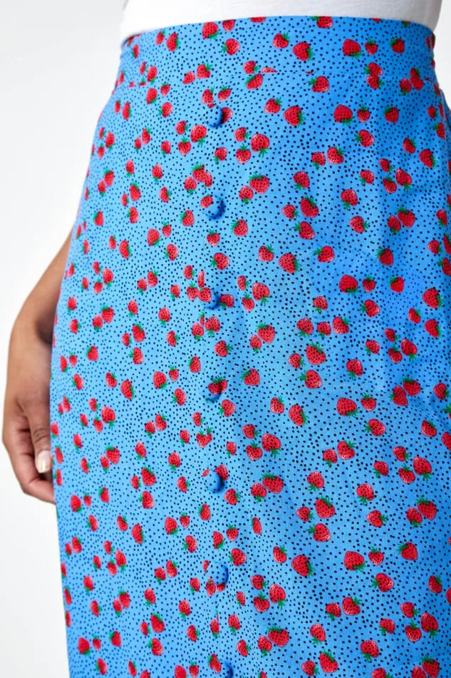 Blue Petite Strawberry Button Elastic Waist Skirt Women Roman Skirts